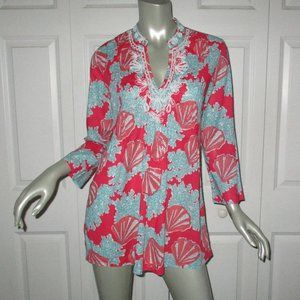LILLY PULITZER Blue & Red Print Beaded Pintuck Long Sleeve Top